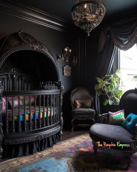 Magical Kids Room, Gothic Nursery, Dark Nursery, Victorian Nursery, Kids Room Interior, Goth Houses, Colors Bedroom, Gothic Decor Bedroom, Gothic Baby