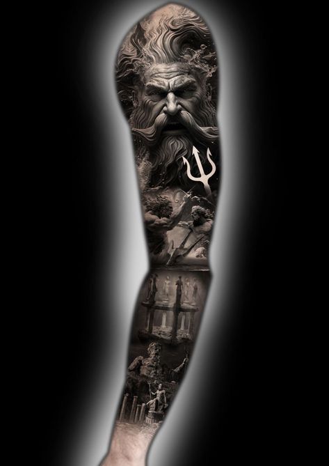 Zues Hades Poseidon Tattoo, Poseidon Full Sleeve Tattoo, Poseidon Tattoo Ideas, Unique Greek Mythology Tattoos, Greek Mythology Gods Tattoos, Ancient Greek Tattoo Sleeve, Greek Gods Sleeve Tattoo, Leonidas Tattoo Design, Zeus Poseidon Hades Tattoo