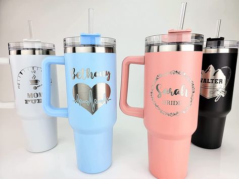 Personalized 40oz Tumbler With Handle & Straw Stanley Cup With Design, Stanley Cups 40oz, Stanley Cup Monogram, Stanley Cup Sticker Ideas, Cricut Stanley Cup, Customized Stanley Tumbler, Personalized Stanley Cup, Stanley Cup Engraving Ideas, Stanley Cup Designs Vinyl