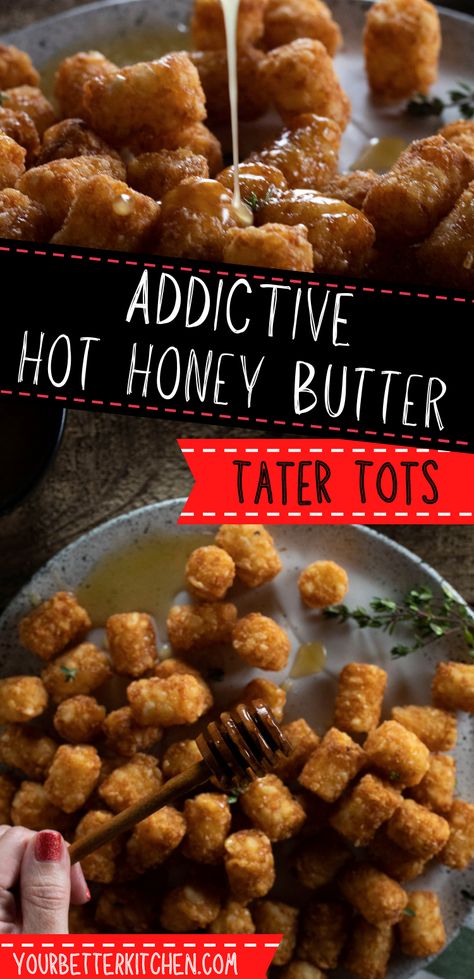 Hot honey butter tater tots are addictively tasty and couldn't be easier to make. All you have to do is take frozen tater tots and fry, air fry, or bake them. Then drizzle them with our quick hot honey butter. They make the perfect easy appetizer Cheesy Tots, Tater Tot Bar, Tator Tot Bar, Seasoned Tater Tots, Tator Tots Recipes Side Dishes, Tater Tot Screwers, Salt And Pepper Tater Tots, Cajun Tater Tots, Game Day Tater Tots