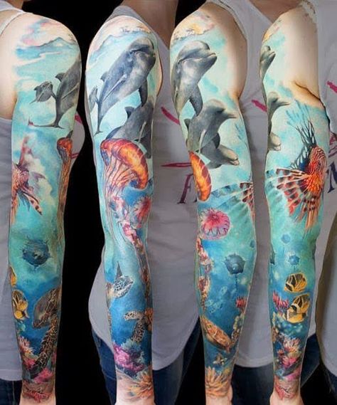 20 Realistic Nature Tattoo Sleeves | Tattoodo Nature Tattoo Sleeve Women, Natur Tattoo Arm, Sea Life Tattoos, Underwater Tattoo, Ocean Sleeve Tattoos, Realistisches Tattoo, Dolphins Tattoo, Nature Tattoo Sleeve, Petit Tattoo