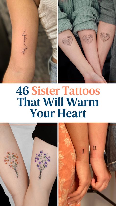 46 Sister Tattoos That Will Warm Your Heart Twin Sister Tattoos, Three Sister Tattoos, Siblings Tattoo For 3, Soul Sister Tattoos, Unique Sister Tattoos, Matching Tattoos For Siblings, Cousin Tattoos, Small Sister Tattoos, Sister Tattoo Designs