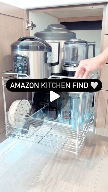 Zahra’s Place | Home + Organization on Instagram: "🇨🇦 LINK IN BIO *** Small kitchen organization goals! I’m obsessed! This organizer fits my instant pot, rice cooker, food processor, and vitamix! And there’s room to add more! I’ve always wanted an appliance garage and this is the next best thing. The quality of these pull out storage shelves is amazing — I am very happy with this upgrade! 100% worth it! There are 3 sizes available and it’s very easy to install. Just make sure you follow the instructions on measuring your cabinets first. I plan on adding pull out shelving to all our bottom cabinets! Making my builder grade kitchen as custom as possible 😜! Find the link to this product on my Amazon Storefront under “Kitchen Organization.” 💕 

#amazonfinds #amazonca #amazoncanada #amazonk Food Processor Storage Ideas, Small Appliance Storage Ideas, Small Kitchen Solutions, Kitchen Appliances Organization, Pull Out Storage, Organization Goals, Instant Pot Rice, Builder Grade Kitchen, Kitchen Appliance Storage