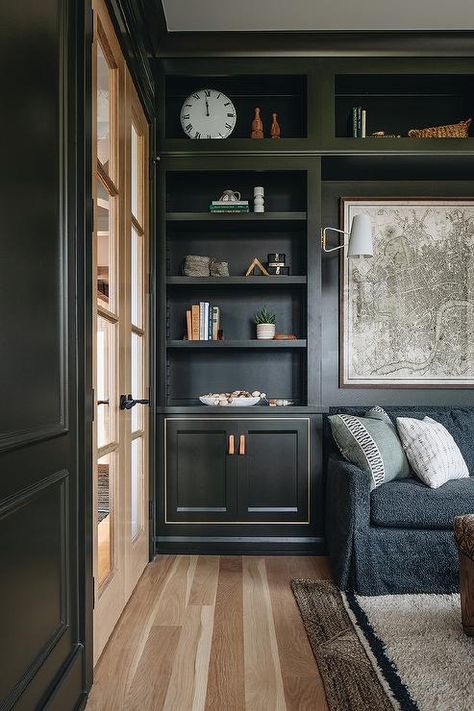 Styled built-in olive green living room shelves are mounted over cabinets accented with leather tab pulls. Kate Marker Interiors, Cottage Living Rooms, Studio Living, Transitional Living, Living Room Shelves, Deck Patio, Inspiration Photos, Living Room Green, Cottage Living