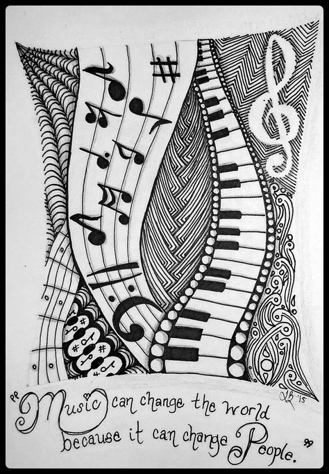 En esta obra artística podemos observar un pentagrama lleno de notas musicales tocadas por un piano, representado con diferentes texturas visuales. Music Zentangle, Zantangle Art, Art Zentangle, Zentangle Pattern, Zentangle Artwork, Music Drawings, Doodle Art Journals, Zen Doodle Art, Doodle Art Drawing