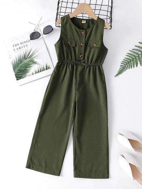 Army Green Casual  Sleeveless Polyester Plain Tank Embellished Non-Stretch Spring/Summer Toddler Girls Clothing Jumpsuit For Children, Kids Casual Wear, Children Jumpsuit, Toddler Girl Outfits Spring, Simple Jumpsuit, Long Frocks For Women, Long Frocks For Kids, Frocks For Babies, Spring Toddler