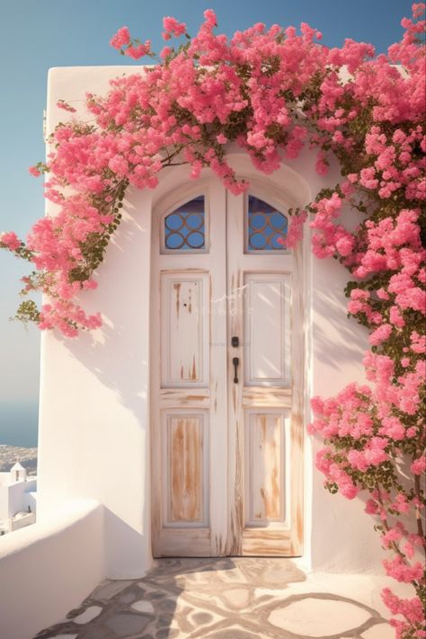 A Photorealistic Beutiful Traditional Greek Door Greek House Aesthetic, Greek Doors, Tan Salon, Greece Wallpaper, Greek House, Beautiful Wallpaper, Summer Inspiration, Grand Entrance, Bougainvillea