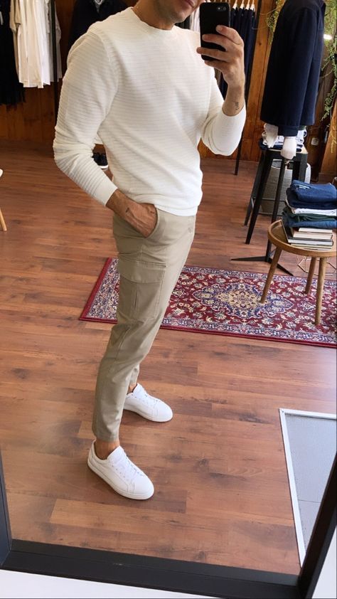 Mens Tan Sweater Outfit, Tan Pants Outfit Men, Cream And White Outfit, Beige Pants Outfit Men, Khaki Outfit Men, Tumblr Thoughts, Tan Pants Outfit, Khakis Outfit, Vacation Outfits Men