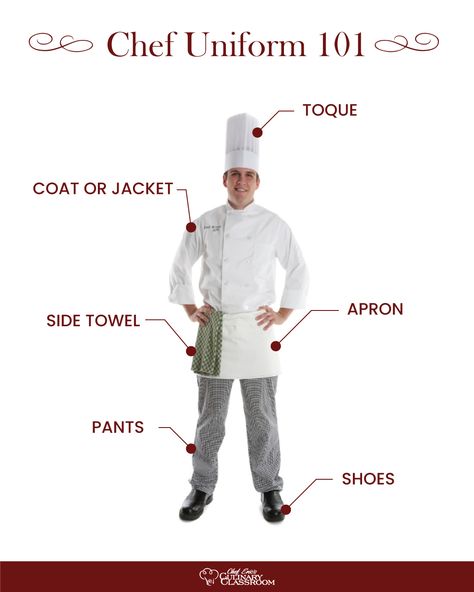 Toque: 100 folds, initially signified status, today worn for protective purposes. Coat/Jacket: Double breasted to cover up spills + cotton to breathe. Apron: Added protection from spills. Side Towel: Used to hold hot items. Pants: Loose, allows movement in the Kitchen. Shoes: Slip-Resistant Shoes are a must. #chefsuniform #cheflife #chefsoninstagram Chef Uniform Drawing, Uniform Drawing, Chef School, Animated Happy Birthday Wishes, Cafe Recipes, Chef Uniforms, Kitchen Shoes, Chef Pants, Chef Wear