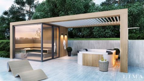 Hot Tub Pergola, Ideas Terraza, Sauna House, Hot Tubs Saunas, Sauna Design, Modern Pergola, Outdoor Sauna, Outdoor Spa, Spa Room