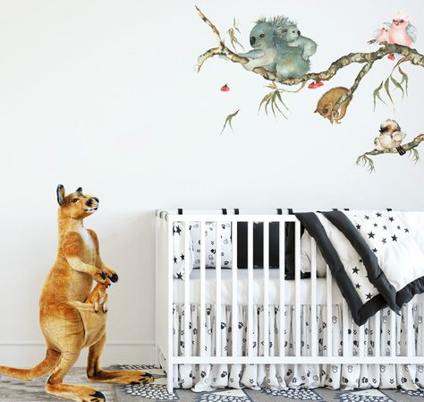 Aussie baby nursery decorating ideas.   How to decorate a gender neutral Australian nursery for a baby boy or girl including baby animals commonly found in Australia as wall and nursery room decor that doubles as toys a kid can grow with. Australian Animal Nursery, Australian Nursery, Large Wall Stickers, Kids Bedroom Walls, Nursery Pictures, Baby Nursery Neutral, Unisex Nursery, Animal Wall Decals, Australian Wildlife