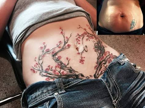 Full Body Tree Tattoo, Full Belly Tattoo, Scar Cover Up Tattoo, Stretch Mark Tattoo, Tatuaje Cover Up, Tummy Tattoo, Tattoos Photo, Tattoo Over Scar, Stomach Tattoos Women