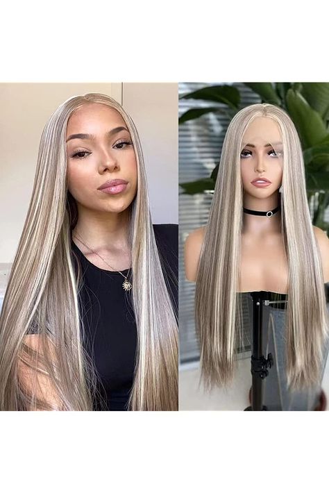 COCOFANS Ash Blonde Wigs with Highlights Synthetic Lace Front Wigs for Women Glueless Long Silky Straight Wig Natural Hairline Daily Use 24 Inches Wigs With Highlights, Ash Blonde Highlights, Blonde Wigs, Grey Wig, Wig Stand, Hair Net, Cosplay Tips, Blonde Wig, Wigs For Women