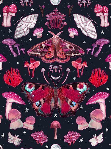 Mushroom Pfp, Moths And Mushrooms, Moth And Mushroom, Painted Mushrooms, Pink Moth, Mushroom Magic, Mushroom Wallpaper, Magical Nature, Nature Pattern