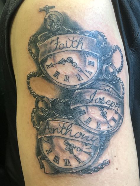 Pocket watch with Birth times - design by Anthony Percodani. Birth Tattoos, Tato Jam, Tattoos For Childrens Names, Pocket Watch Tattoo Design, Font Tato, Tattoo Homme, Watch Tattoo Design, Tattoo Chest, Watch Tattoo