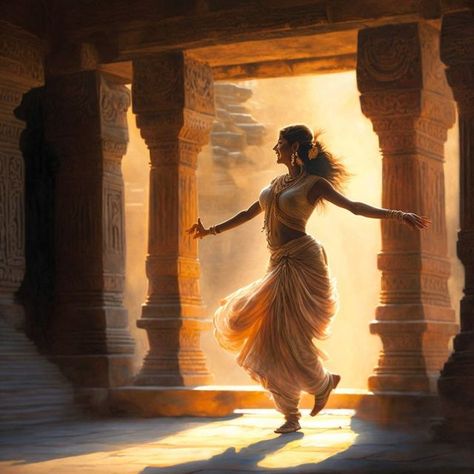 a beautiful woman dancing in an Indian temple at dawn, golden hour, dreamy, serene India Background, Dark Knight Wallpaper, Figurative Art Painting, Ancient Indian Art, Indian Women Painting, Indian Illustration, Photoshop Design Ideas, South Asian Art, Woman Sketch