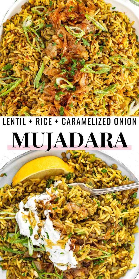 Mujaddara is a delicious Middle-Eastern lentil and rice dish seasoned with spices and caramelized onions.This recipe is easy to make, has a warm aromatic taste, and is wholesome and nourishing. It's excellent for dinner or to make ahead as it keeps well for days. Lentil Rice, Plant Based School, Middle East Recipes, Lentils And Rice, Rice Side Dishes, Chicken Healthy, Salad Pasta, Tasty Vegetarian Recipes, Dinner Recipes For Family