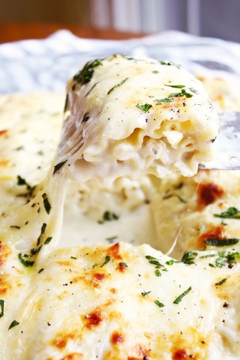 These are so fun. They are fun to make, fun to roll up, and extra fun to eat! Your servings come out in these little perfectly portioned cheesy, creamy, meaty packages – I love it! Officially… Chicken Cannelloni, White Chicken Lasagna, White Lasagna, Chicken Alfredo Lasagna, Alfredo Lasagna, Lasagna Casserole, Lasagna Rollups, Traditional Lasagna, Chicken Ideas