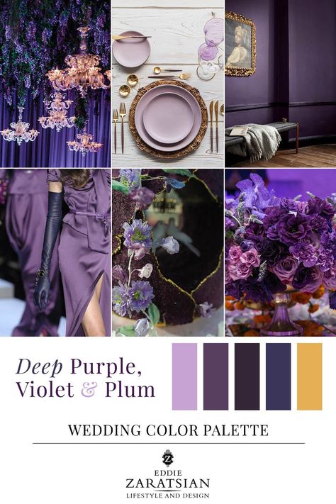 Deep purple, plum and violet wedding color palette - Eddie Zaratsian Lifestyle & Design Violet Paint Colors, Plum Wedding Colors, Eddie Zaratsian, Deep Purple Wedding, Crimson Wedding, Red Rose Arrangements, Gold Place Setting, Purple Wedding Inspiration, Bridal Bouquet Peonies