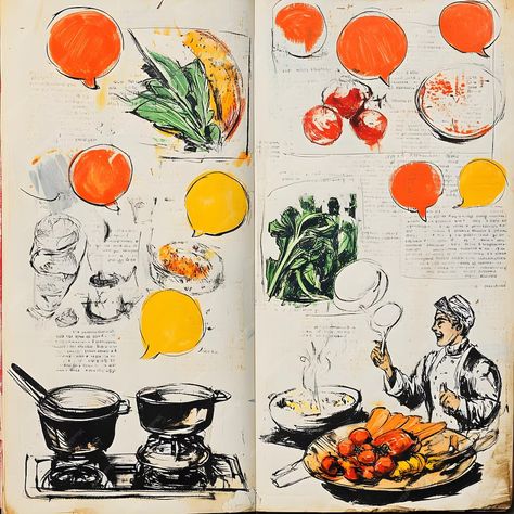 Vintage cookbook page with cooking ingredients and vegetables Hand drawn illustration | Premium AI-generated image Ingredients Illustration, Poem Collage, Cook Illustration, Cooking Quotes, Vegetable Illustration, Cooks Illustrated, Hand Drawn Illustration, Cooking Ingredients, Vintage Cookbooks