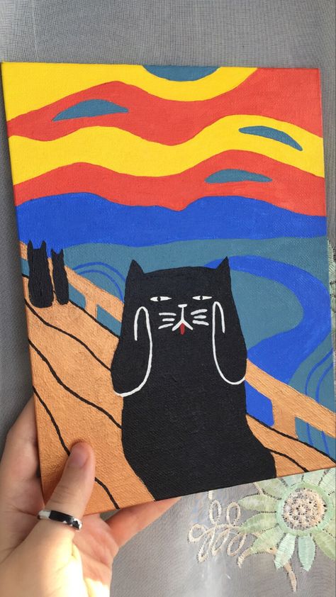 Easy Canvas Painting Gift Ideas, Easy Small Acrylic Painting Ideas, Tuxedo Cat Painting Easy, Drawing Acrylic Easy, Easy Drawings Paintings, Quirky Painting Ideas, Painting Animals Easy, Easy Cat Painting Ideas On Canvas, Funny Cat Paintings