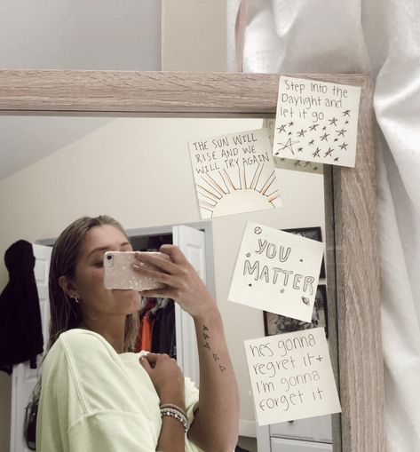 Quotes For Bathroom Mirror, Inspirational Quotes On Mirror, Things To Write On Ur Mirror, Inspirational Things To Write On Your Mirror, Words Of Affirmation Mirror, Mirror Sayings Inspiration, Notes To Put On Your Mirror, Sticky Notes On Mirror Self Love, Mirrors With Quotes