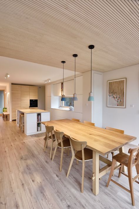 Wood Ceiling Above Kitchen Island, Wood Slat Ceiling Kitchen, Wooden Ceiling Kitchen, Wood Ceiling Office, Scandinavian Interior Wood, Low Kitchen Ceiling, Wood Clad Ceiling, Wood Ceiling Kitchen, Clad Ceiling