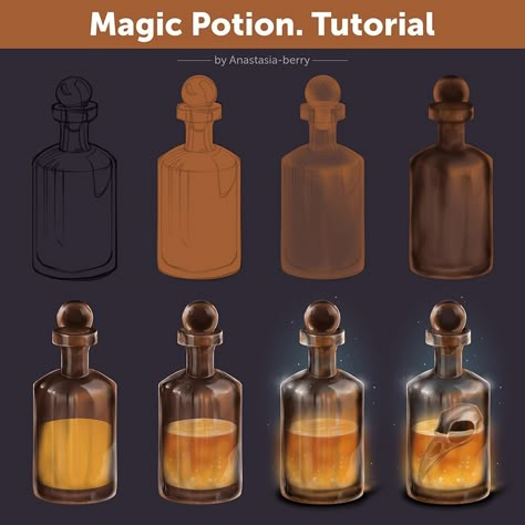 Magic Potion | Patreon Potion Tutorial, Cat Eye Tutorial, Shading Drawing, Bottle Drawing, Concept Art Tutorial, Magic Bottles, Digital Painting Techniques, Procreate Ipad Art, Magic Potion