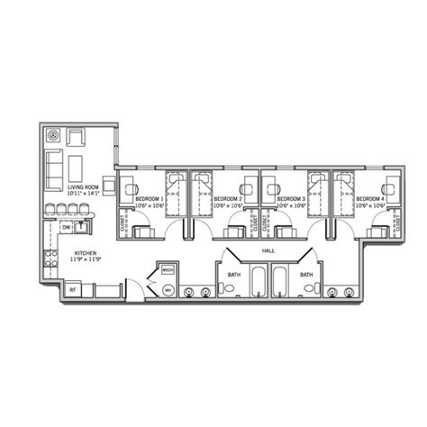 Campus Park Apartments 4 bedroom, 2 bathroom apartment floor plan- 1,178 sq ft 4 Bedroom Apartment Floor Plans, Bathroom Apartment, Apartment Floor, 4 Bedroom Apartments, Bed Apartment, Apartment Floor Plan, Residence Hall, Apartment Floor Plans, University Of Cincinnati