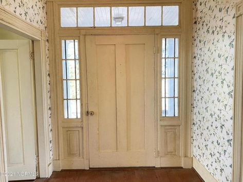 Under $75K Thursday - c.1850 Fixer Upper Greek Revival in Colerain NC $69K - Old Houses Under $50K Greek Revival Fireplace, Greek Revival Home Interior Decor, 6 Panel Front Door, Brick Sidewalk, Second Story Addition, Upstairs Landing, Greek Revival Home, Ionic Column, Dentil Moulding