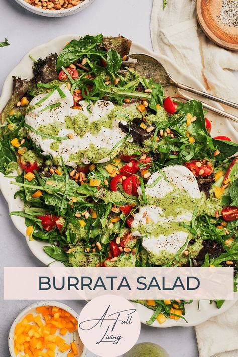 An easy-to-make, delicious Burrata Salad. Fresh tomatoes, leafy greens, creamy cheese, and a delicious homemade pesto vinaigrette make for a truly crave-worthy salad. French Salad Recipes, Burrata Salad Recipe, Pesto Vinaigrette, Lettuce Salad Recipes, Pesto Salad, Pesto Dressing, Burrata Salad, Arugula Pesto, Green Salad Recipes