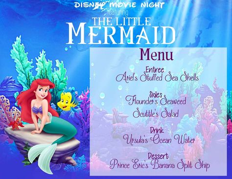 Mommy and Things: Disney Movie Night: The Little Mermaid Matilda Food Ideas, Disney Movie Themed Dinner, Disney Nights, Disney Movie Night Menu, Theme Dinners, Disney Themed Movie Night, Disney Movie Night Food, Themed Nights, Movie Dinner