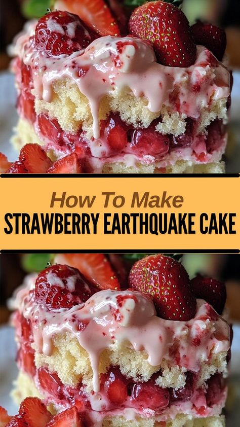 Ingredients: 1 box white cake mix Ingredients required by cake mix (usually water, oil, and eggs) 1 cup strawberries, chopped Strawberry Cake Mix Recipes, Earthquake Cake Recipes, Earthquake Cake, Boxed Cake Mixes Recipes, Cake Mix Ingredients, Cake Mix Desserts, Jello Cake, Strawberry Cake Mix, Surprise Cake