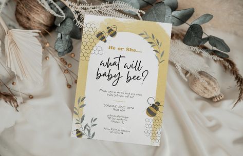 Summer Gender Reveal, He Or She Gender Reveal, What Will Baby Bee, Bee Invitations, Bee Gender Reveal, Creative Invitations, Gender Reveal Invitations, He Or She, Baby Shower Gender Reveal