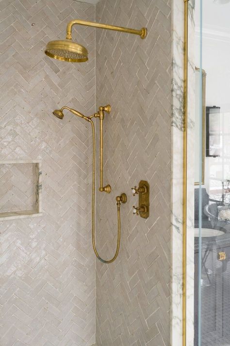 Zellige Herringbone, Herringbone Shower Tile, Whittney Parkinson Design, Whittney Parkinson, Herringbone Tile Bathroom, Herringbone Shower, Tile Shower Niche, Spanish Bungalow, Primary Bath