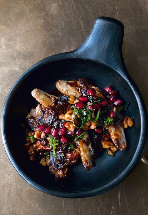 Quails with Burnt Miso Butterscotch and Pomegranate and Walnut Salsa - The Happy Foodie Roast Quail Recipes, Miso Paste Recipes, Roasted Quail, Quail Recipes, Miso Recipe, Dinner Party Dishes, Ottolenghi Recipes, Banana Pie, Quails