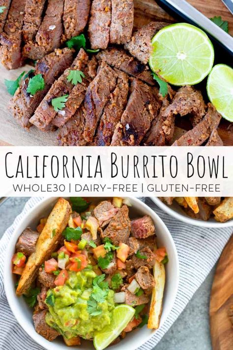 These California burrito bowls are the perfect dish to satisfy your Mexican food craving. The ingredients are all paleo and Whole30 compliant! It's the perfect option for a healthy family dinner! #mexicanfood #whole30 #paleo #whole30recipes #carneasadafries #paleorecipes #healthymexicanfood Whole 30 Taco Bowl, Whole 30 Mexican Casserole, Whole 30 Burrito Bowl, Whole 30 Breakfast Burrito, Hamburger In A Bowl Whole 30, California Burrito, Carne Asada Fries, Healthy Mexican Recipes, Healthy Family Dinners