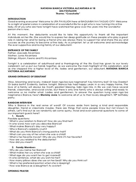 This document summarizes Natasha Bianca Victoria Alcantara's 18th birthday celebration. It describes the introduction and welcome of her family. It then details the entrance of the debutante and interviews with guests about her personality and childhood. Various traditions are included like the lighting of 18 candles representing her years, dance performances, receiving 18 roses from bachelors, and a father-daughter dance. The program includes dinner and a video presentation before more ... 18th Birthday Program Flow, Debut Program Flow Filipino, Debut Program Flow Ideas, Debut Program Flow, Debut Songs, 18th Birthday Celebration, Debut Program, Her Personality, Father Daughter Dance