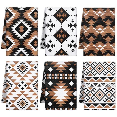 PRICES MAY VARY. Western Aztec Towels: you will receive 6 pcs of (21 x 14 inches/ 54 x 36 cm) southwestern kitchen towels, the kitchen towels are mainly designed in brown and black grid, printed with geometric pattern, bright and lively, cute and adorable, can bring you a good mood when using Experience the Durability and Texture: our kitchen towel, crafted out of the microfiber, which ensures a long usage while offering cleanliness; The microfiber offers high absorption capacity, making these t Aztec Home Decor Southwestern Style, Western Kitchen Towels, Modern Western Kitchen Ideas, Aztec House Decor, Western Boho Kitchen, Aztec Bathroom Decor, Western Kitchen Ideas, Modern Boho Kitchen Decor, Rustic Western Home Decor