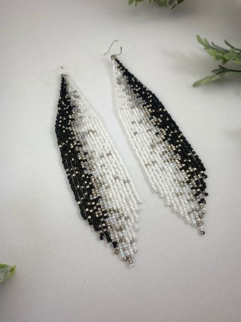 Black and white beaded earrings boho seed beaded earrings | Etsy Black And White Beaded Earrings, Seed Beaded Earrings, Red Bead Earrings, Diy Suncatchers, Beaded Earrings Native, Beaded Earrings Tutorials, Beaded Earrings Diy, Brick Stitch Earrings, Seed Bead Tutorial