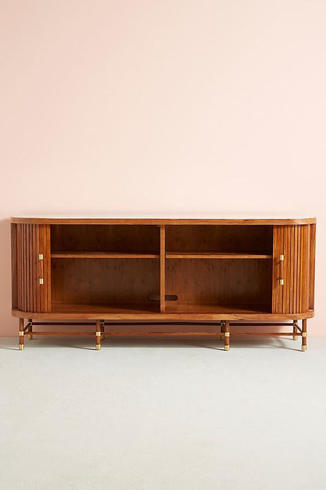 The Deluxe Tamboured collection is our most *luxurious-to-date* take on a decidedly 1950s, mid-century silhouette. A white marble top lends a fresh touch to the silky appearance of this buffet's rosewood veneer, while polished brass-capped hardware complements its exquisite tambour doors that slide open and close with ease.About Tracey Boyd Whether drawing inspiration from her extensive travels or tapping into her background in fashion, Tracey Boyd's furniture collections for Anthropologie exude 70s Furniture, Entertaining Essentials, Pallet Crafts, Furniture Collections, Furniture Design Modern, Pallet Furniture, Fun Decor, Furniture Makeover, Diy Design