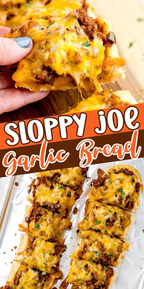 Sloppy Joe Stromboli, Elevated Sloppy Joe, Sloppy Joe Garlic Bread Recipe, Garlic Bread Sandwich Recipes, Sloppy Joe Garlic Bread, Sloppy Joe Sides, Garlic Bread Sloppy Joes, Daycare Recipes, Cheesy Sloppy Joes