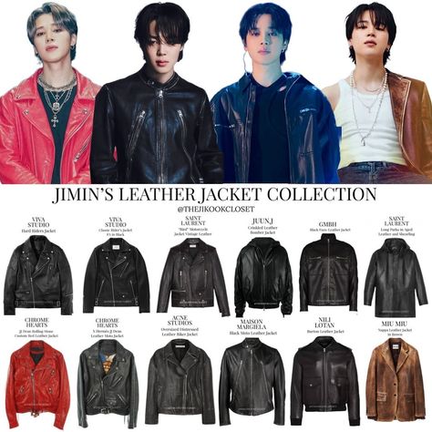 Request | Jimin’s Leather Jacket Collection 📸 @weverseofficial DO NOT REPOST 🏷 Tags: #bts #jimin #전정국 #btsjimin #parkjimin #chromehearts #ysl #acnestudios #maisonmargiela #korea #bangtansonyeondan #btsstyle #btsarmy #ootdfashion #style #fashion #ootd #kpop #방탄소년단 #jikook #kookmin #박지민 #thejikookcloset #kimnamjoon #kimseokjin #minyoongi #junghoseok #jungkook #kimtaehyung Jimin Leather Jacket, Jimin Outfit Inspired, Outfits Jimin, Jimin Outfits, Jimin Style, Bts Clothes, Bts Outfits, Jacket Collection, Bts Inspired Outfits