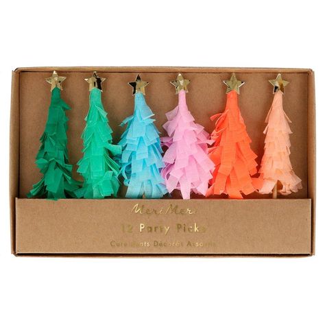 Looking for a little something extra for your party table? How about these fabulous festive Christmas tree picks? They are made from colorful fringed crepe paper, with a fancy gold star on top. They are crafted from fringed crepe paper in teal, green, blue, neon coral, dusty pink and peach pink Each pick is topped with Fringe Tree, Woodland Party Theme, Christmas Tree Picks, Party Picks, Rainbow Tree, Cocktail Sticks, Art Origami, Cute Christmas Tree, Meri Meri