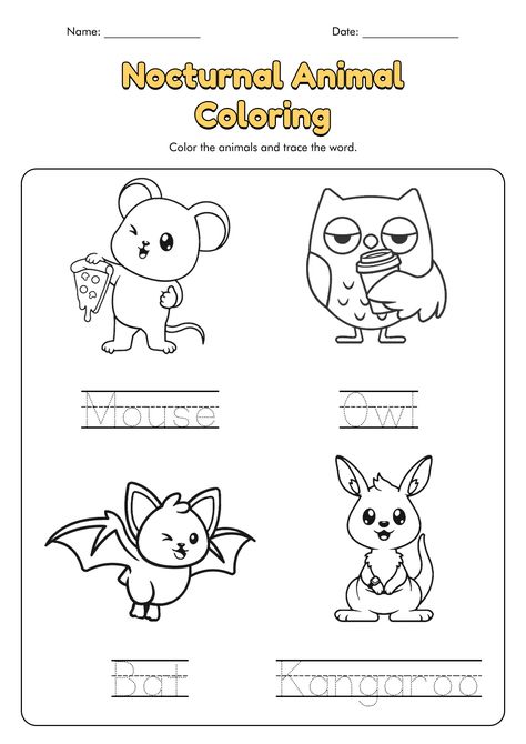 Nocturnal Animals Coloring Sheets Nocturnal Animals Coloring Pages, Preschool Nocturnal Animals, Nocturnal Animals Preschool Activities, Nocturnal Animals Preschool, Nocturnal Animals Activities, Preschool Mom, Unique Creatures, Name Tracing Worksheets, Free Printable Math Worksheets