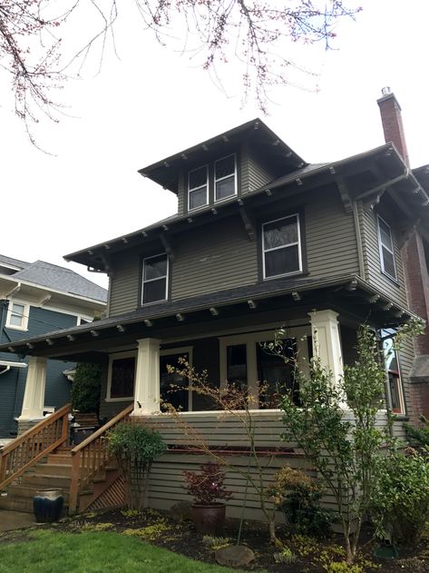 Foursquare Exterior, American Four Square House, Foursquare House, Second Floor Addition, Four Square Homes, Portland House, Porch Paint, Cedar Lumber, Ground Covering