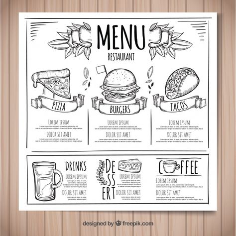 Hand drawn restaurant menu template | Free Vector #Freepik #freevector Food Menu Drawing, Cafe Menu Drawing, Simple Menu Design, Menu Drawing, Restaurant Card, Colorful Restaurant, Menu Illustration, Dessert Illustration, Food Doodles