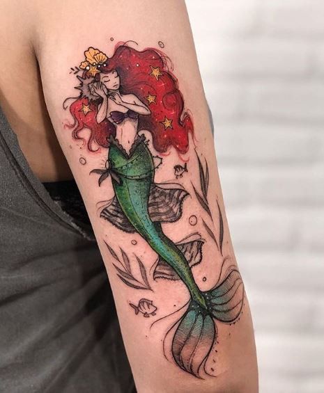 Disney Tattoo Ideas, Magical Tattoos, Traditional Mermaid Tattoos, Little Mermaid Tattoo, Tattoo Mermaid, Disney Sleeve Tattoos, Mermaid Tattoo Designs, Hp Tattoo, Mystical Tattoos