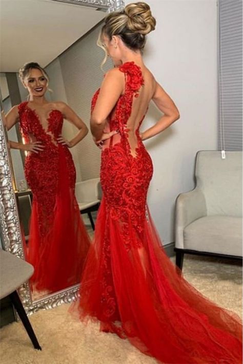 Mermaid Gown Prom, Tulle Prom Dresses, Mermaid Prom Dresses Lace, Red Mermaid, One Shoulder Prom Dress, Lace Prom Dress, Backless Prom Dresses, Red Prom, Lace Mermaid