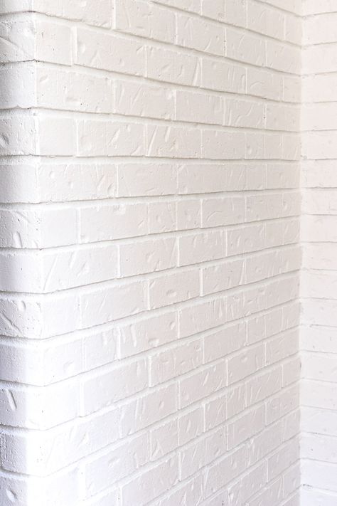 3 Easy Steps to Update Pre-painted Brick | Noting Grace Painted Brick Columns, Brick Wall Update, Painted Brick Bathroom Wall, White Painted Brick Interior Wall, How To Paint A Brick Wall, Painted Brick Walls Interior, White Brick Painted House, Painted Brick Bathroom, White Painted Brick Interior